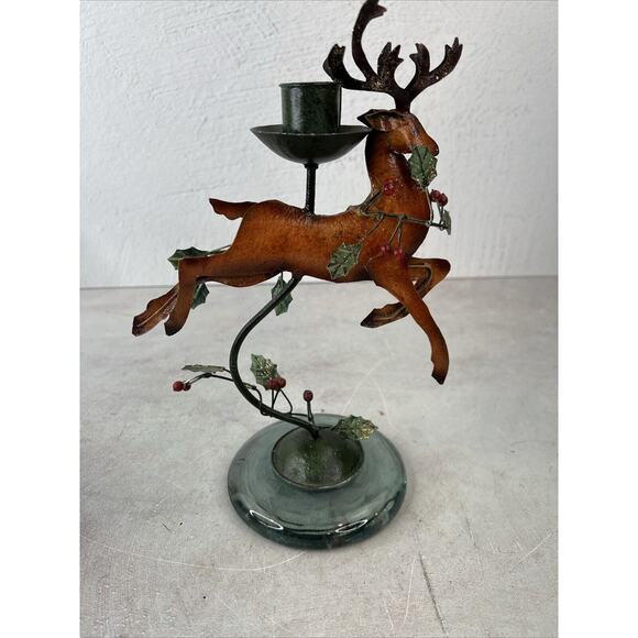 Vintage Handmade Metal Reindeer Glass Base Candle Holder 10.5”HX 7”W Phillipines - Picture 7 of 10